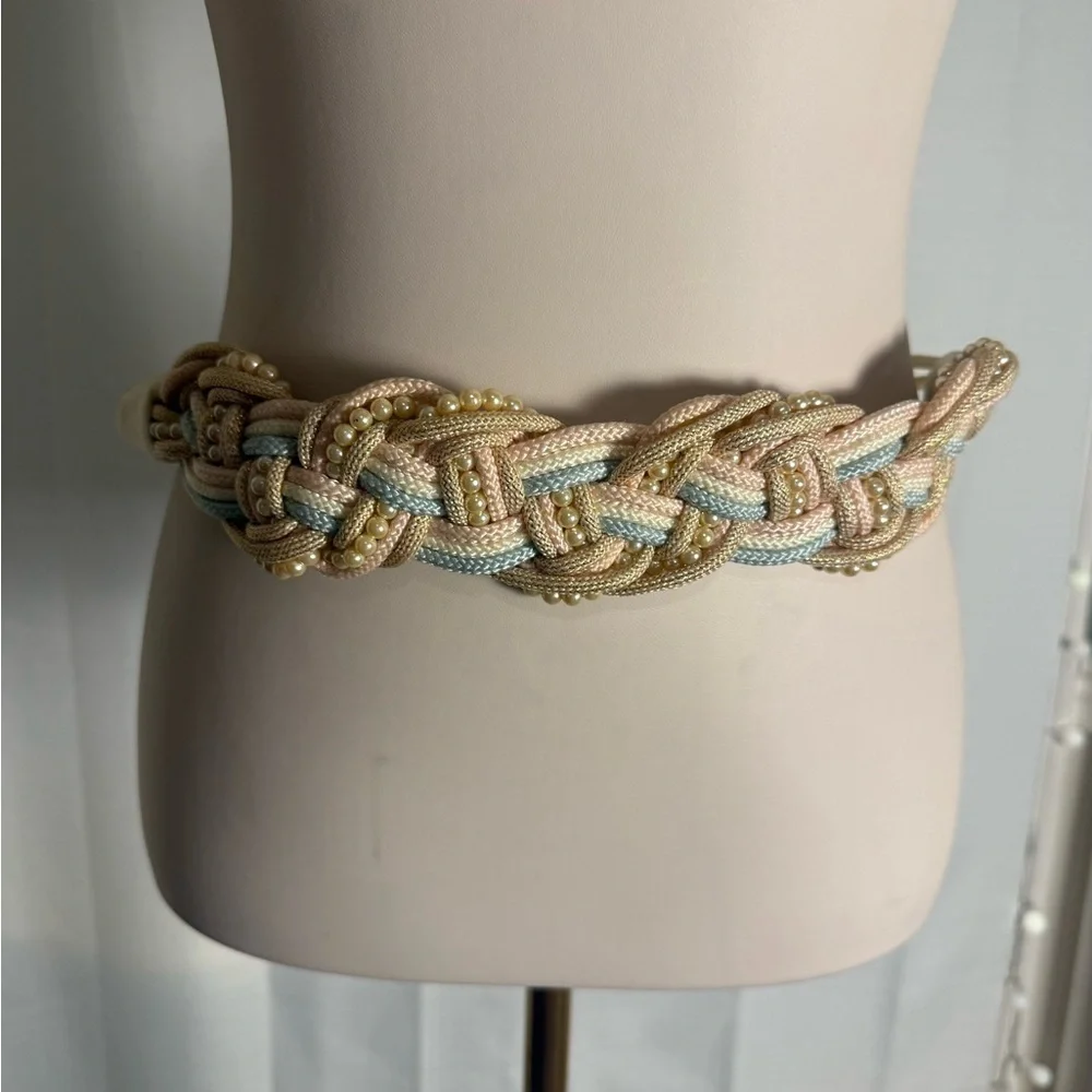 Vintage Braided Rope Belt Pearl Detail Pastel Boho Waist Belt 36”